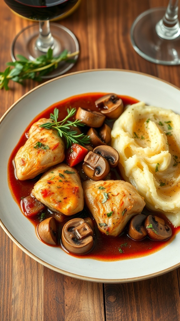 Coq au vin with chicken in red wine sauce, mushrooms, and brown butter sage mashed potatoes on a rustic table.
